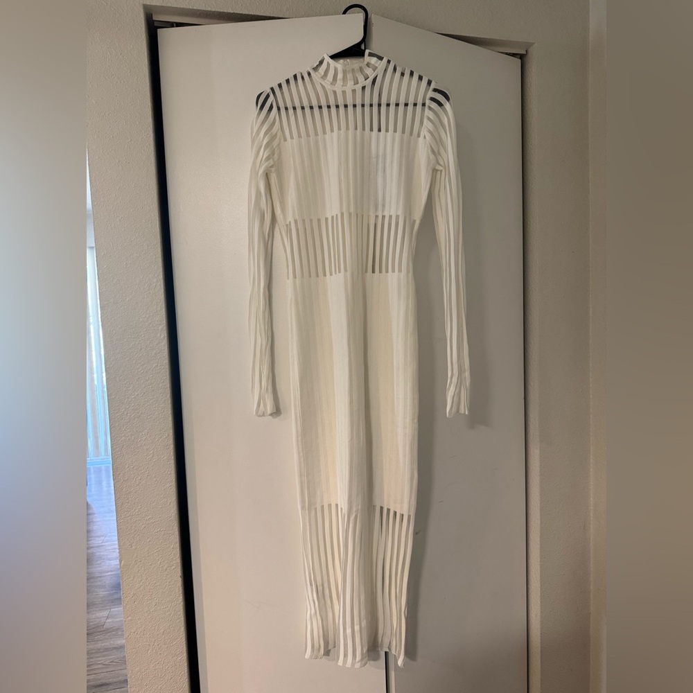 BCBGMAXAZRIA Sheer Stripe Mock Neck Long Sleeve Midi Dress White - NWT! ✨🤍